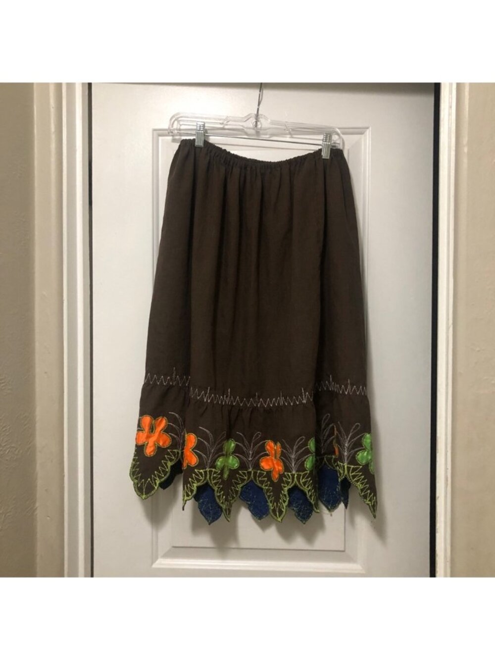 Embroidered Brown A-Line Skirt with Floral Hem Size XL